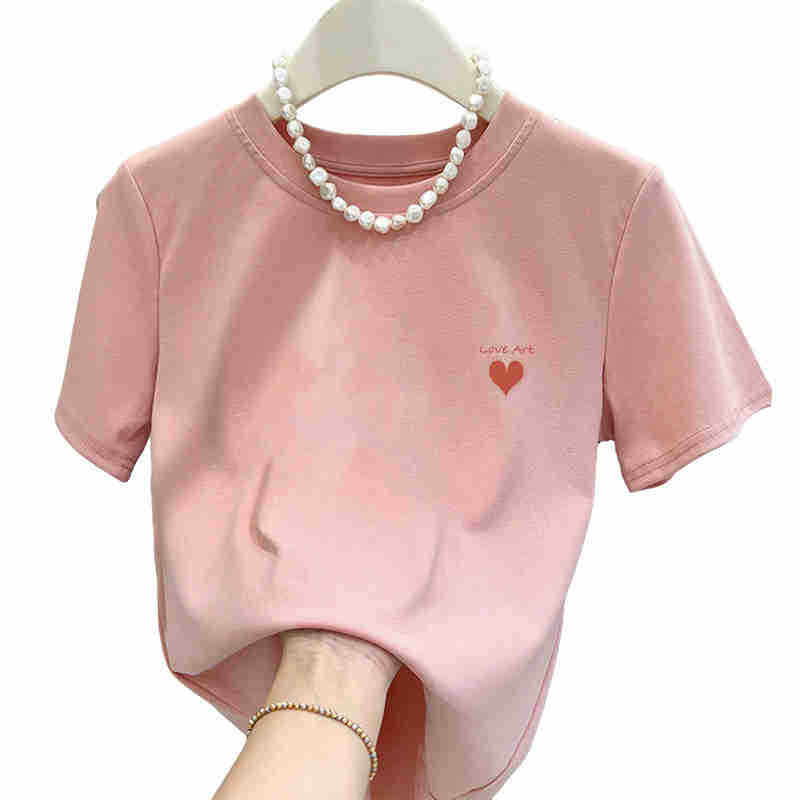 Niche design sense front shoulder cotton short-sleeved t-shirt women's fashion versatile pink top thick bottoming shirt summer