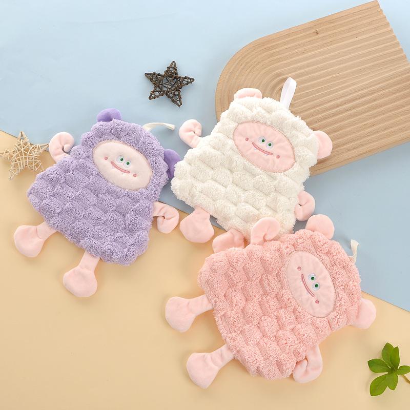 Coral fleece lamb monster hand towel soft and absorbent cute embroidery can be hung rag kitchen and bathroom quick drying hand towel hanging towel