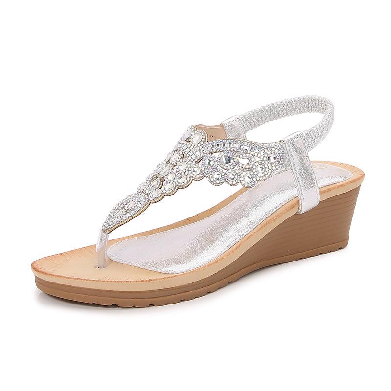 2026 Bohemian Rhinestone Wedge Sandals - Korean Style, Thick Sole for Women
