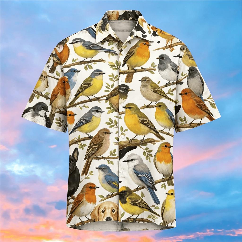 Men's Cute Dog Breed Print Short Sleeve Shirt, Casual Hawaiian Button Up Shirt for Spring & Summer