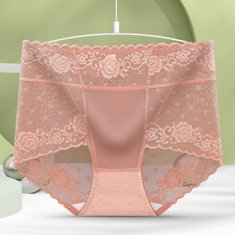 French Sexy Lace Women's Hip Lifting Underwear Mid High Waist Plus Size Seamless Mesh Antibacterial Cotton Triangle Pants
