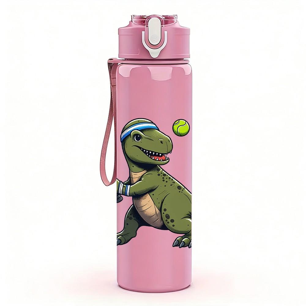 1PC Dinosaur Playing Tennis Funny Print 750ml Color Plastic Sports Water Bottle Leakproof Flip Straw Lid Suitable for Sports Office Home Use
