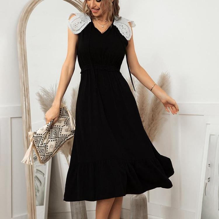 Women Casual Long Dress Spring Summer Solid A-line V-Neck Short Sleeve High Waist Ruffles Slim Lace Patchwork Sizes S-XL