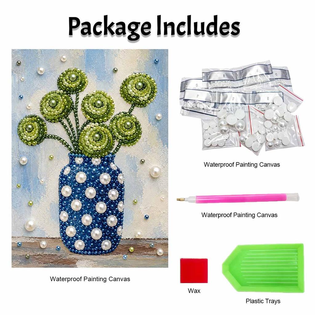 Elegant Framed Pearl Art DIY Set with Green Flower Vase 5D Sparkling Bead Canvas Painting Ready to Display Romantic Home Decor Gift