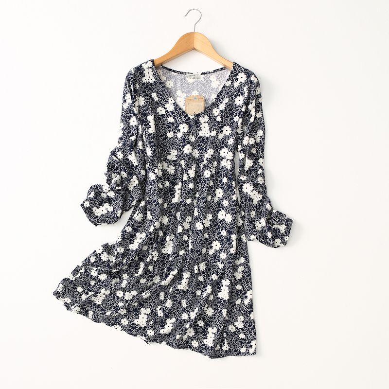 Export Export Chinese Style Blue and White Porcelain Printed V Neck Noil Poplin Dress Women's Summer Thin Long Sleeves Rayon Tourism