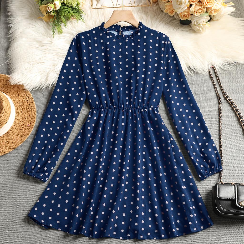 European and American autumn and winter temperament polka dot dress women's clothing waist long sleeves fashion casual dress