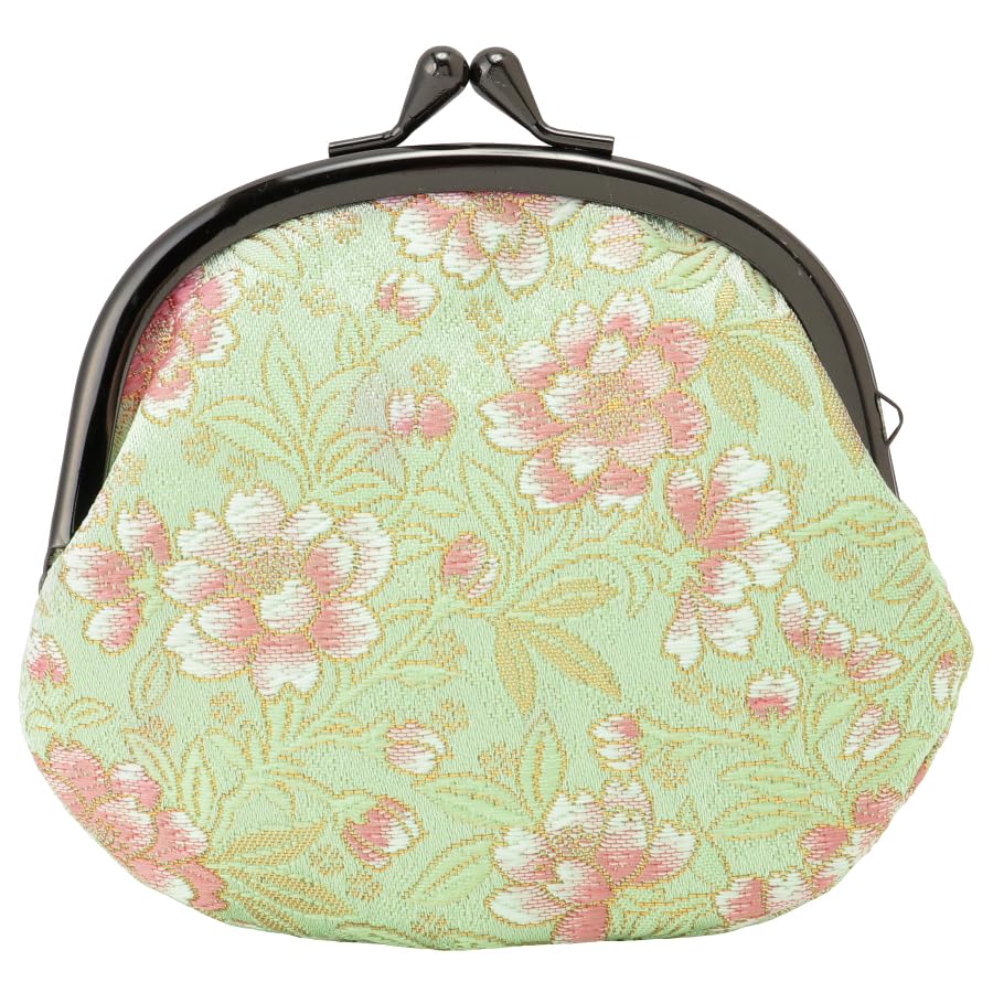 Senshishuin Nishijin Brocade Clasp 3.5-inch Round WalletCoin Purse (Lined) (Young Leaf Peony Cherry Blossom Design)