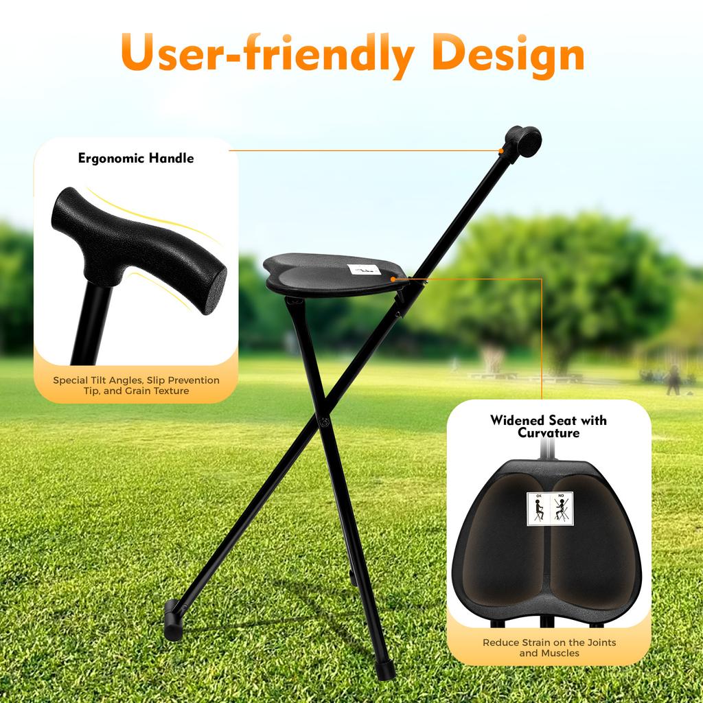 Bymaocar Multi-functional Foldable 3-Legged Stool,Portable Support Cane For People Within 220lbs,Elderly Walking Auxiliary Tool