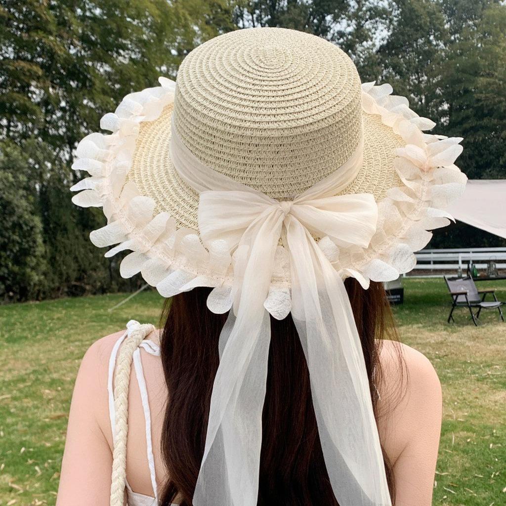 Wide Brim Sun Hat Exquisite Outdoor Vacation Sun Hat Women'S Flat Top Straw Sun Hat Adjustable For Beach Vacation Picnic Seaside