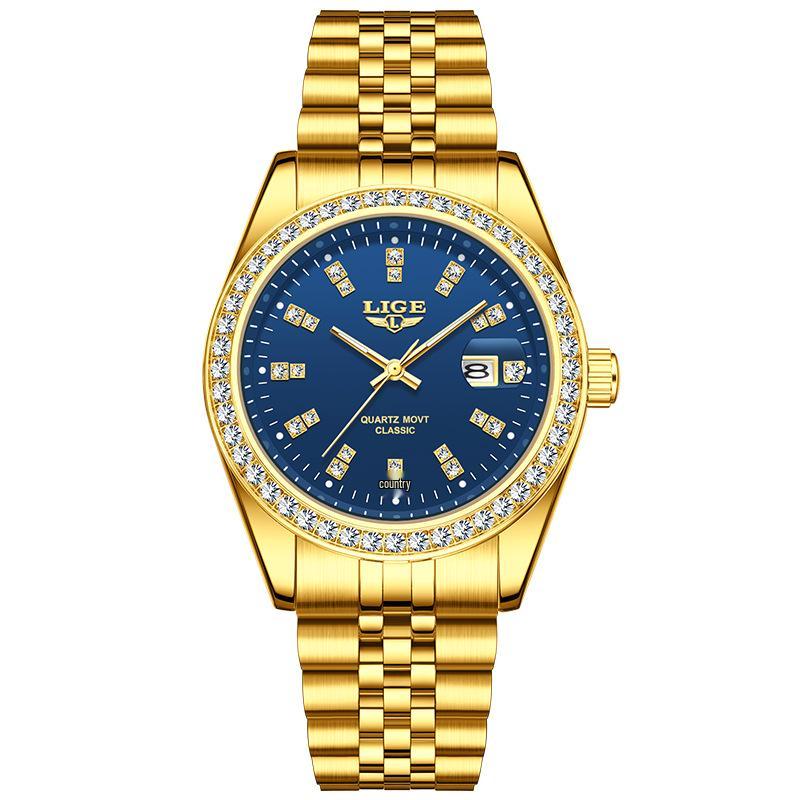LIGE Men's Elegant Quartz Watch with Large Diamond-Inlaid Dial