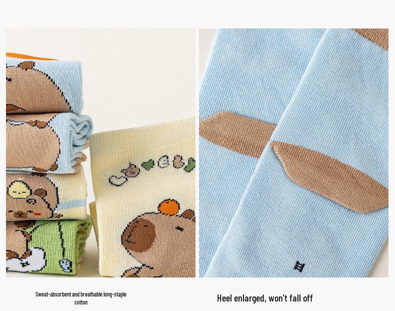 Capybara Boys' Cotton Mid-Calf Socks - Cute Cartoon Design for Spring, Autumn, and Winter
