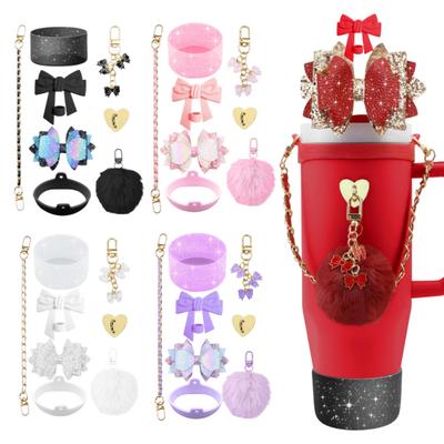 8-teiliges glitzerndes Becherzubehör für 237–137 ml Becher, Silikonbecherstiefel, süße Schleife, Strohhalmaufsatz, Griffband, Charms für Wasserflaschen