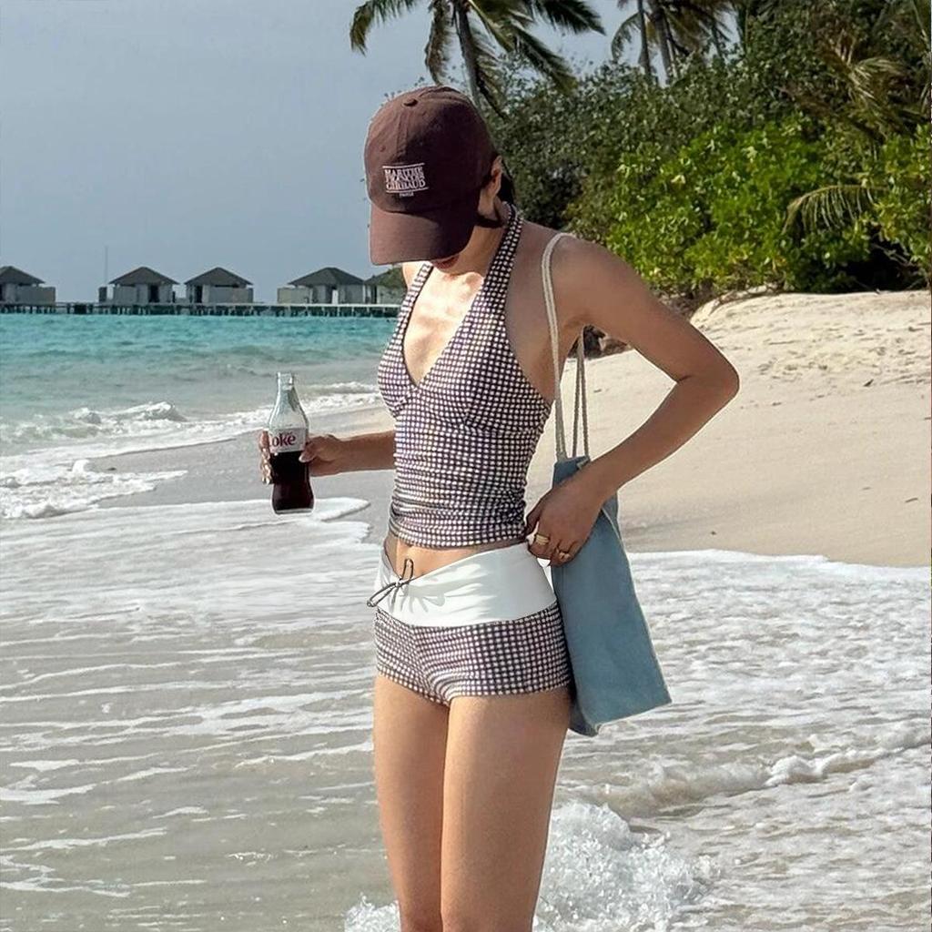 Women's High-End Retro Plaid V-Neck Halter Bikini, Sexy Slim Fit Flattering Swimwear