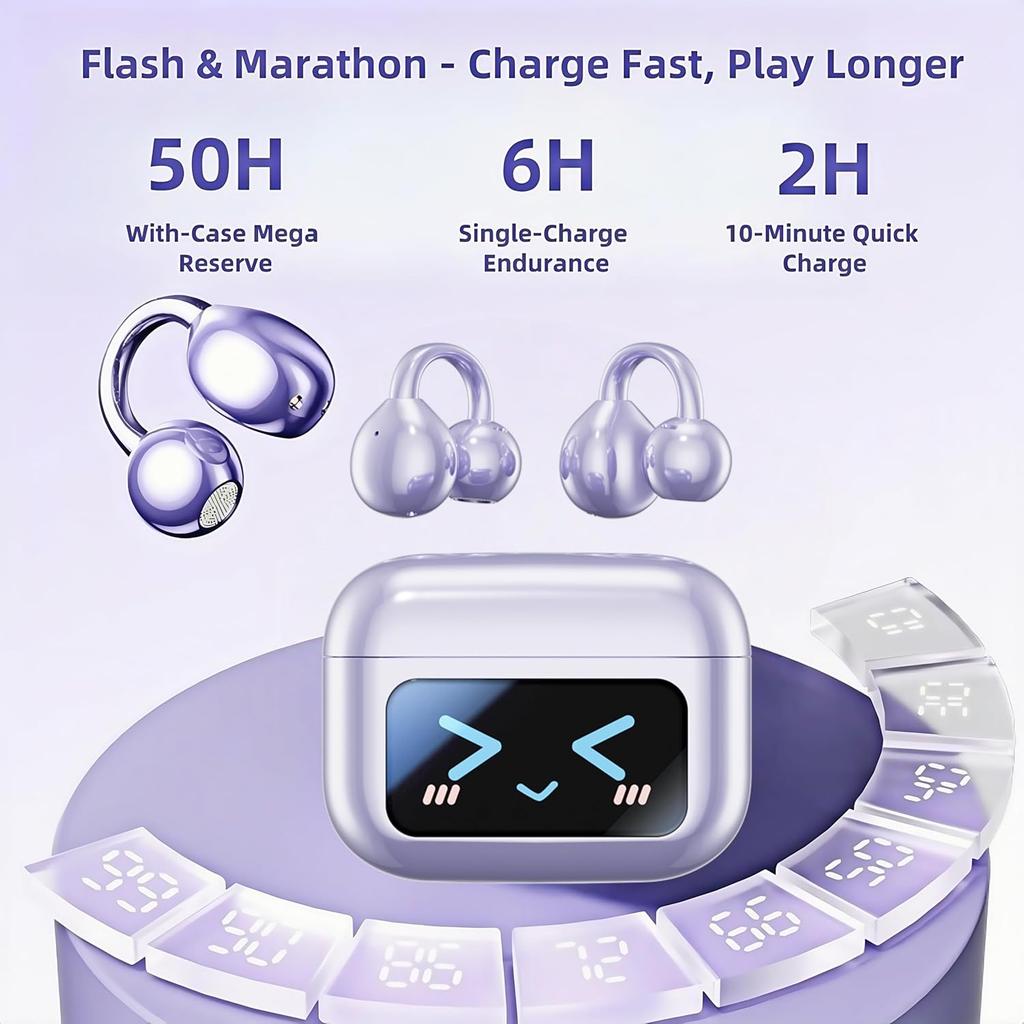 Elegant Touchscreen Clip-On Earbuds, Wireless Open Ear Headphones with 1.3" Color Display, Bluetooth 5.4, 50H Playtime, Ultra-Light 4.1g, IPX5