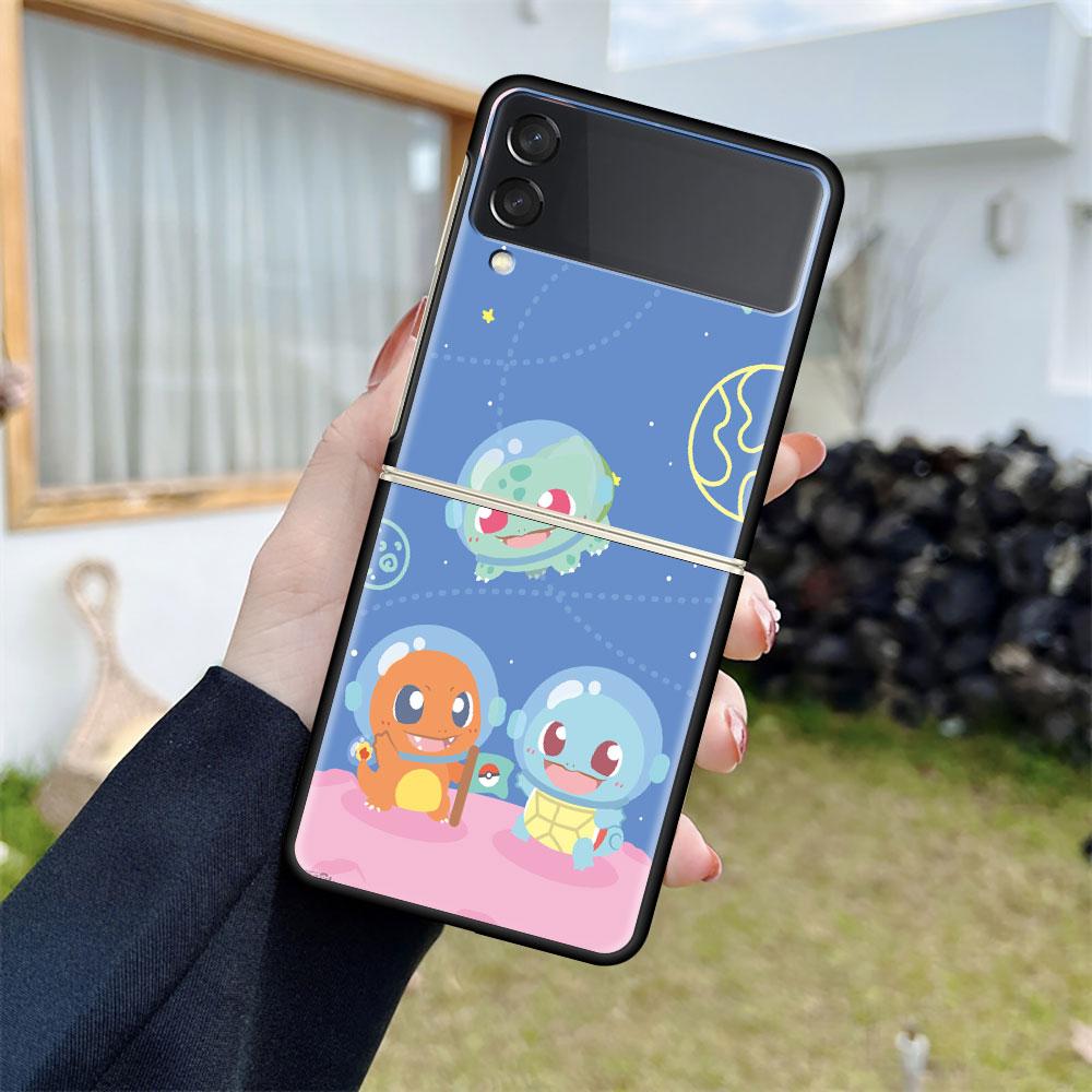 Z Flip 3 Case For Samsung Galaxy Z Flip 3 5G Black Hard Luxury Phone Cover Fall Prevention Fashion PC Shell Cute Pokemon EEvee