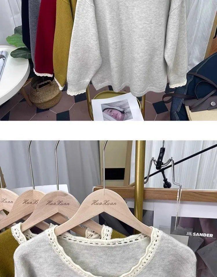 2025 Nový dámský pletený svetr s krajkovým límcem a barevným blokováním - Omlazující volný top s dlouhým rukávem