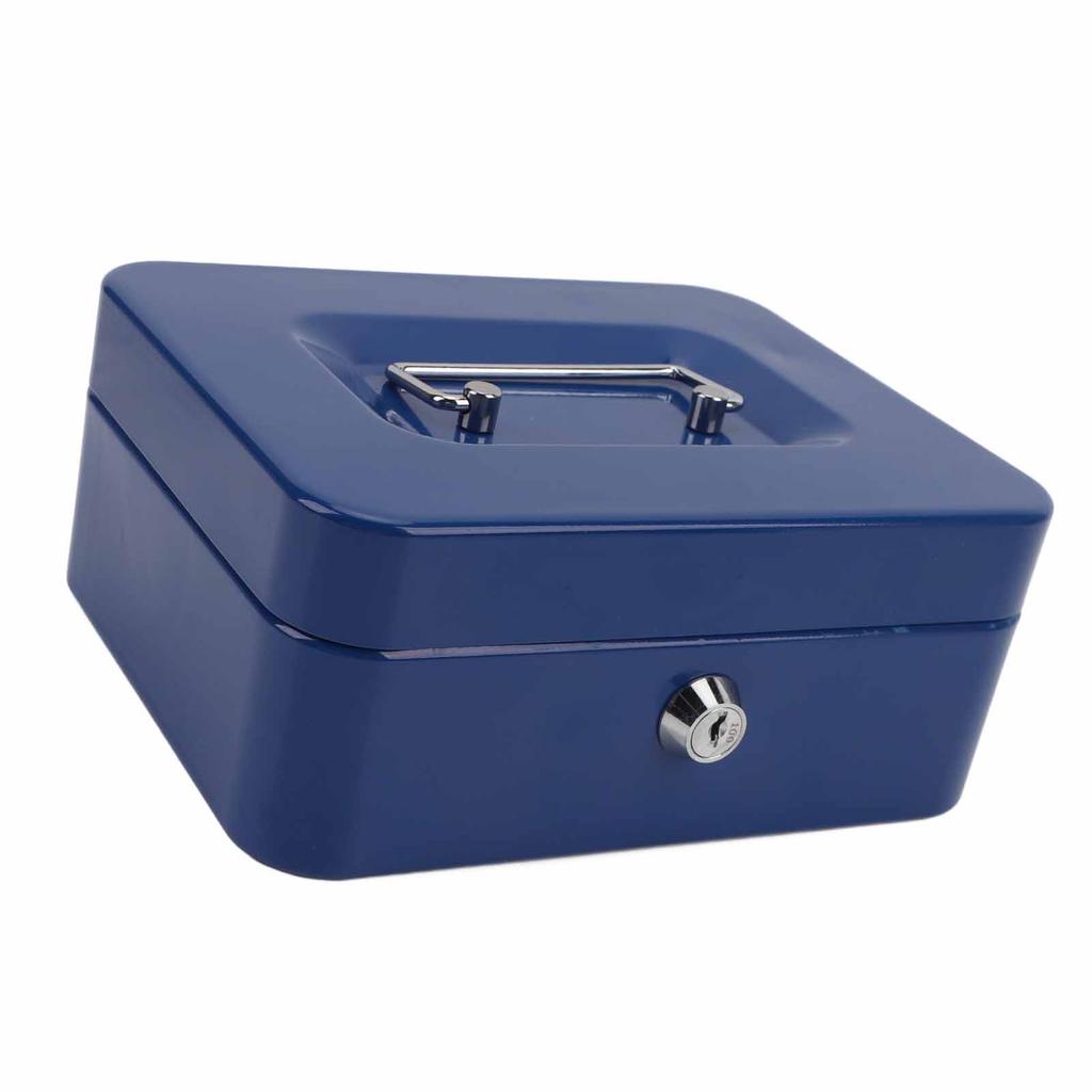 Liten låsbar kontantboks Bærbar dobbeltlags sikker metallpengekasse for hjem og kontor Blå