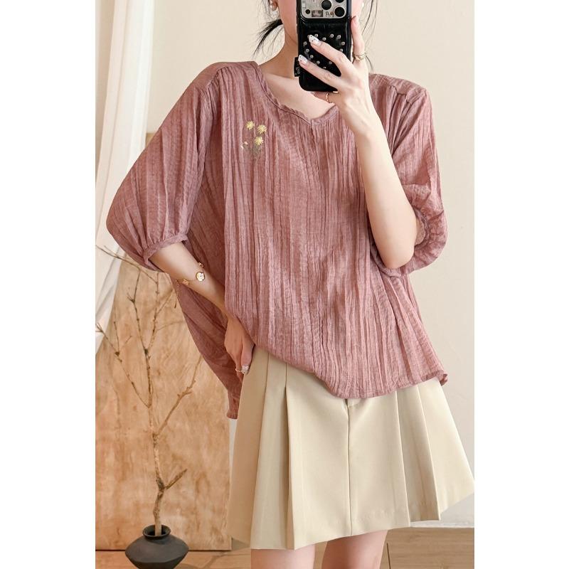 DIMANAF 2026 Summer New Plus Size Women Blouse Shirt Vintage Embroidery Loose Cotton Linen Casual Lady Tops