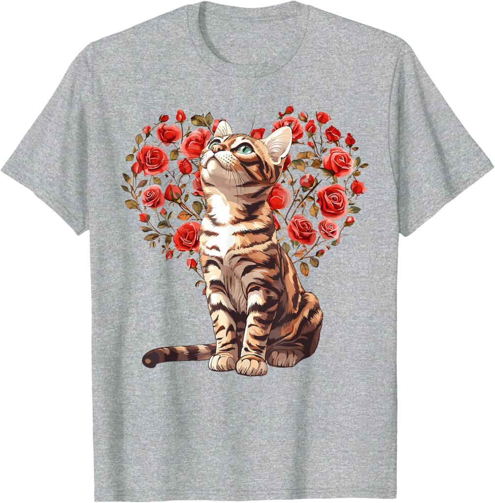 Bengal Cat Heart Rose Floral T-Shirt Cute Cat Lovers Casual Daily Graphic Tee