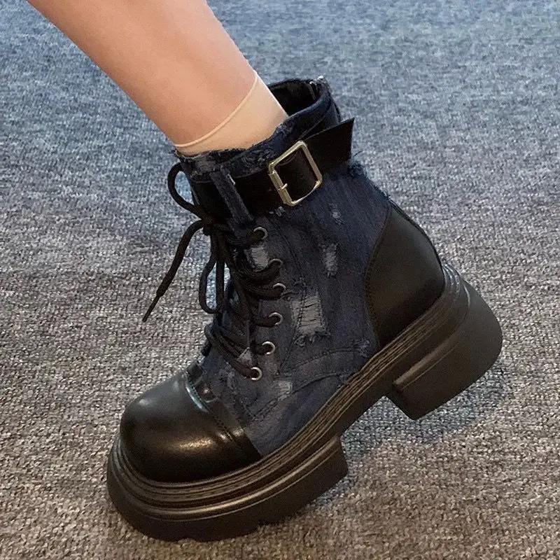 Fashion Ankle Boots for Women Cowboy Lace-up Booties Blue Pu Designer Luxury Large Size Warm Boot Footwear Autumn Goth Woman Short Shoes