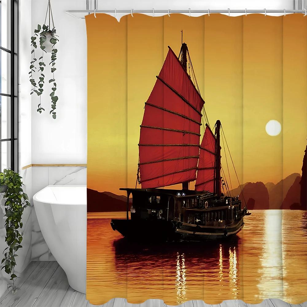 Sunset Sunrise Mountains Sea Sailboat Shower Curtain, Bathroom Decorative Shower Curtain, Waterproof Shower Curtain with Hooks
