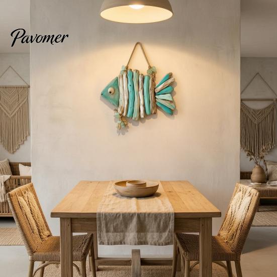 Rustic Wood Wall Hanging Fish Handmade Decor, Coastal Ornament with Sea Glass Bohemian Home Accents Jute Rope, Beach Style Art for Bathroom