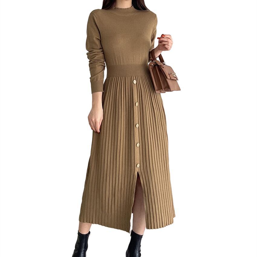 New temperament French split fork medium and long round neck knitted dress women's fashion temperament casual