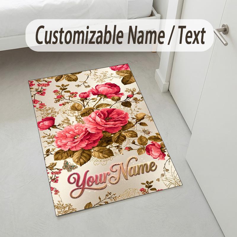 Alfombra de Terciopelo de Cristal con Temática de Jardín Floral Alfombrilla Suave Personalizada con Nombre y Texto Decoración del Hogar