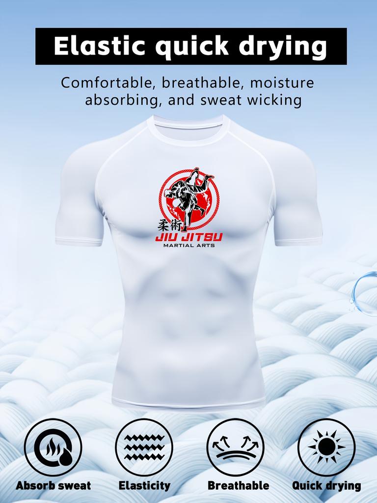 Men's Black Jiu Jitsu Print Compression T-Shirt, Quick Dry Breathable Athletic Workout Top
