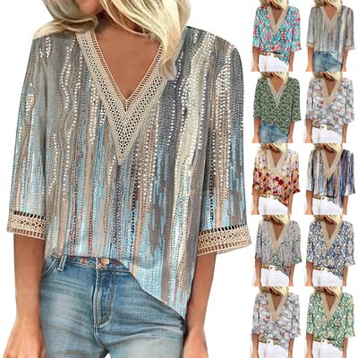 Women's Shirt Blouse Casual Loose Shirts  3/4 Sleeve Lace Trims Print  V Neck Tops Print  Tops T-shirts Tee