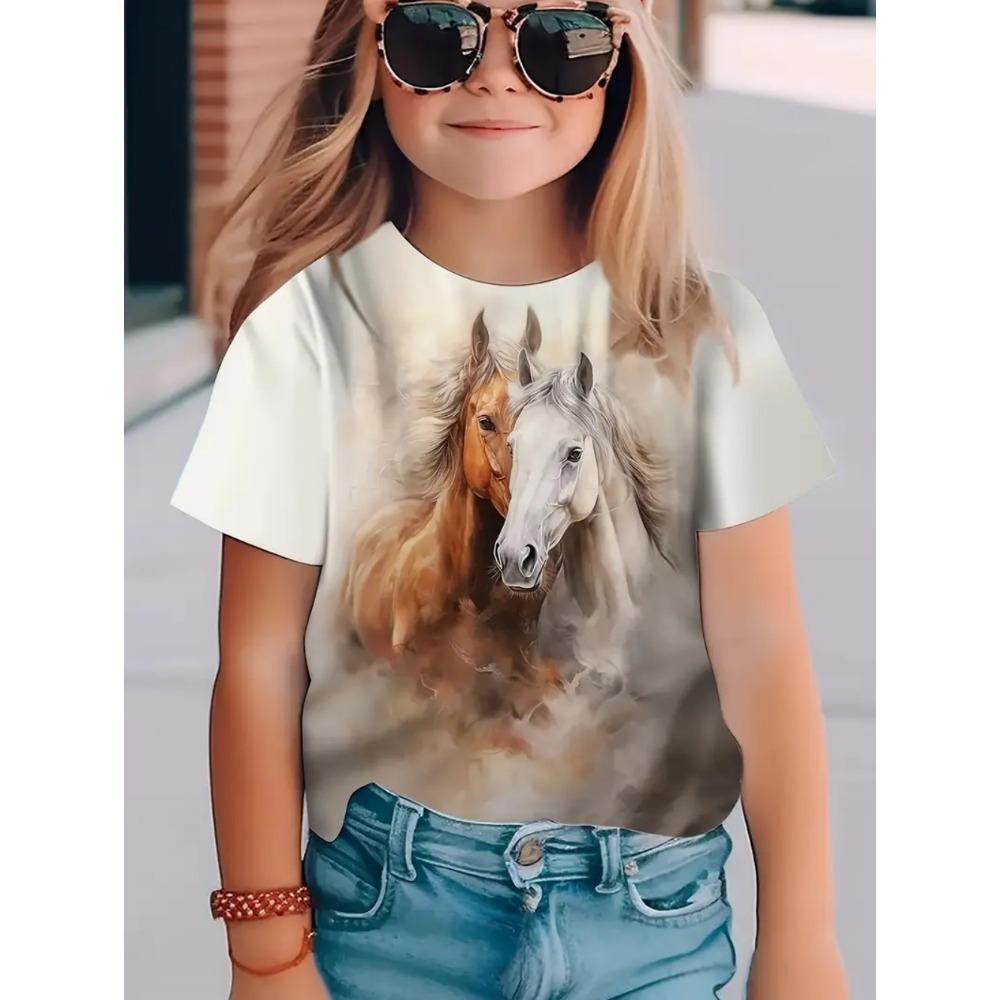 Girls' Clothing, Summer Horse 3D Printing, Outdoor Activities, Fashionable Round Neck Short Sleeved T-shirt, Girls' Quick Drying T-shirt