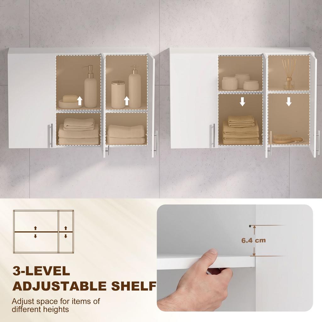 Bathroom Wall Cabinet, Wall-Mounted Bathroom Storage Cabinet with 3 Doors, Adjustable Shelf for Kitchen, White