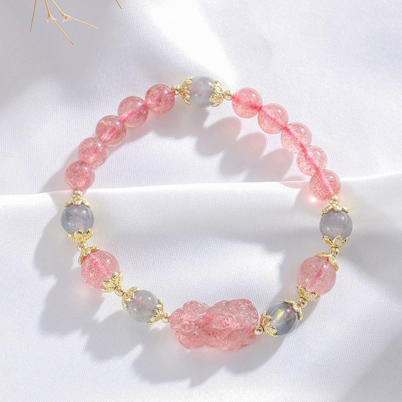 Strawberry Quartz Beaded Bracelet With Matte Gray Moonstone Engraved Pixiu Charm Women Elegant Minimalist Style