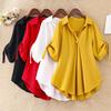Women Shirt Lapel Half Sleeve Mid-length Casual Tops Solid Color Waist Tight Loose Fit Chiffon Blouse Daily Wear