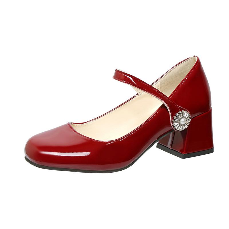 Fashion Fashion Square Heel Shoes Summer New Square Head Shallow Mouth Metal Buckle Set Foot Anti-slip Wear-resistant High Heels