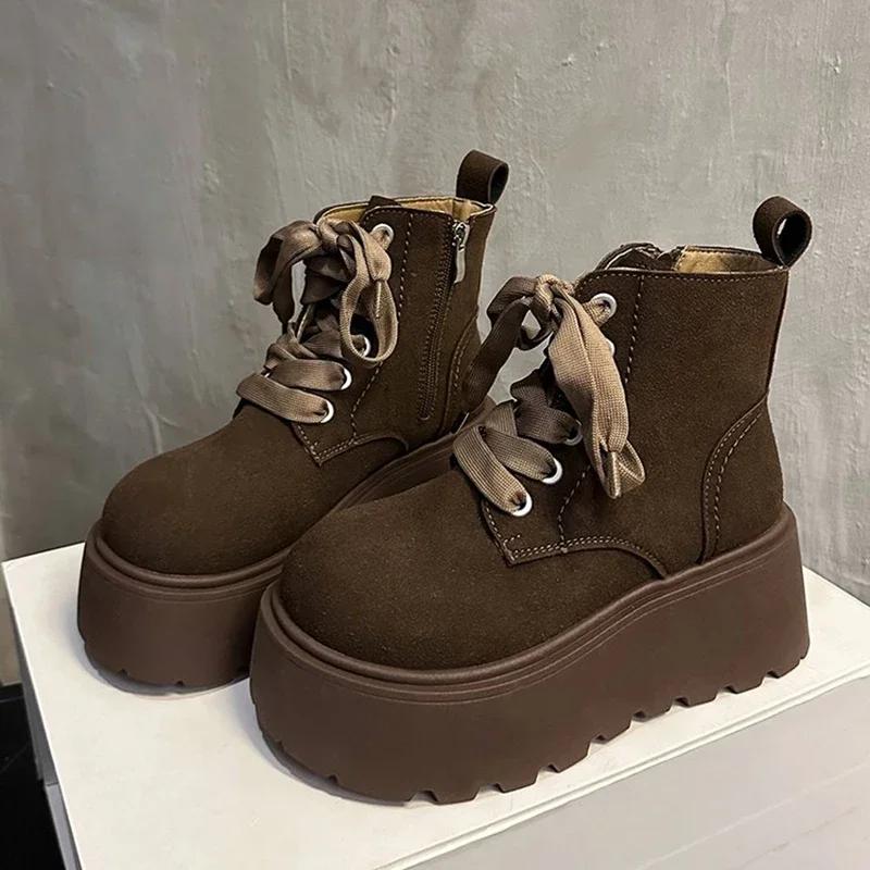 Winter Platform Heel Women Ankle Boots Fashion Lace Up Knight Short Booties Designer