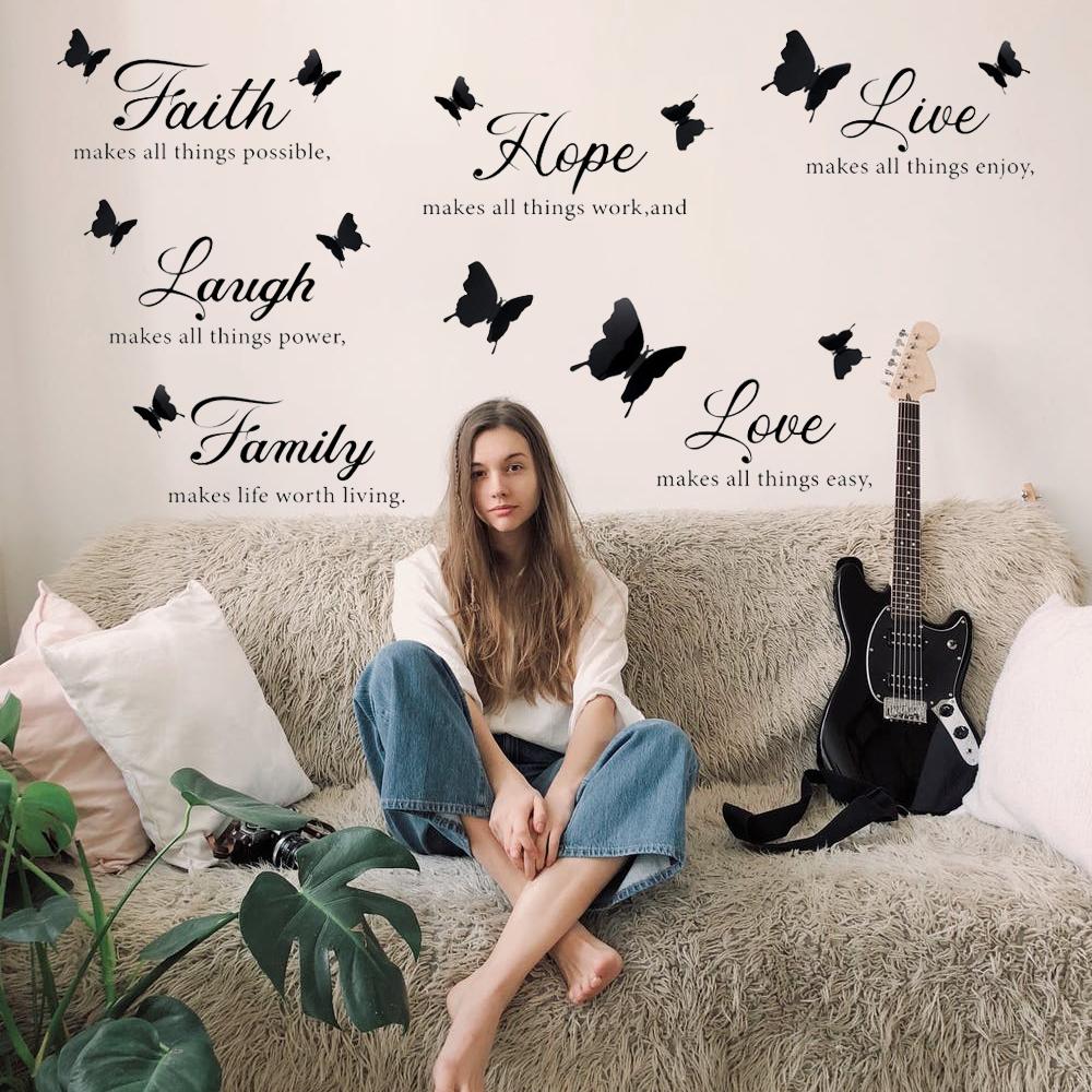 3D Butterfly Wall Stickers Self-adhesive Stickers Removable Inspiring Quotes PVC Wall Decals for Home TV Sofa Background Decor