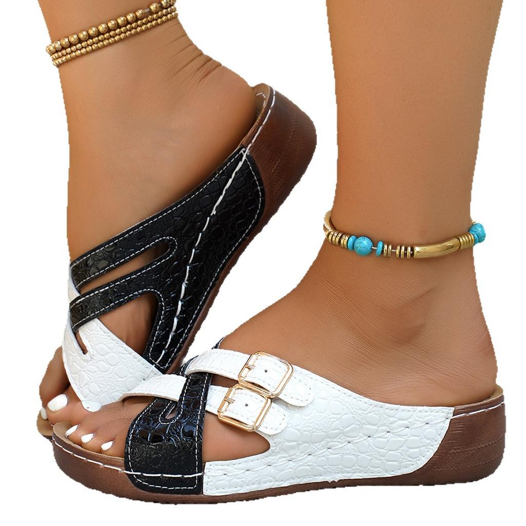 European and American large-size flat-bottomed belt buckle slippers New thick-bottomed slope heel fish mouth cool slippers in summer
