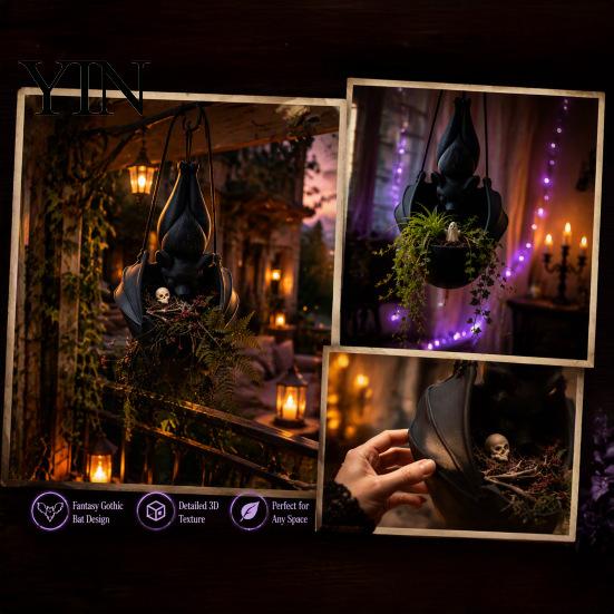 Halloween Garden Accessories Hanging Bat Plant Pot, 3D Printed Owl Planter, Whimsical Porch Decor Gothic Holder for Trailing Vines, Home Balcony
