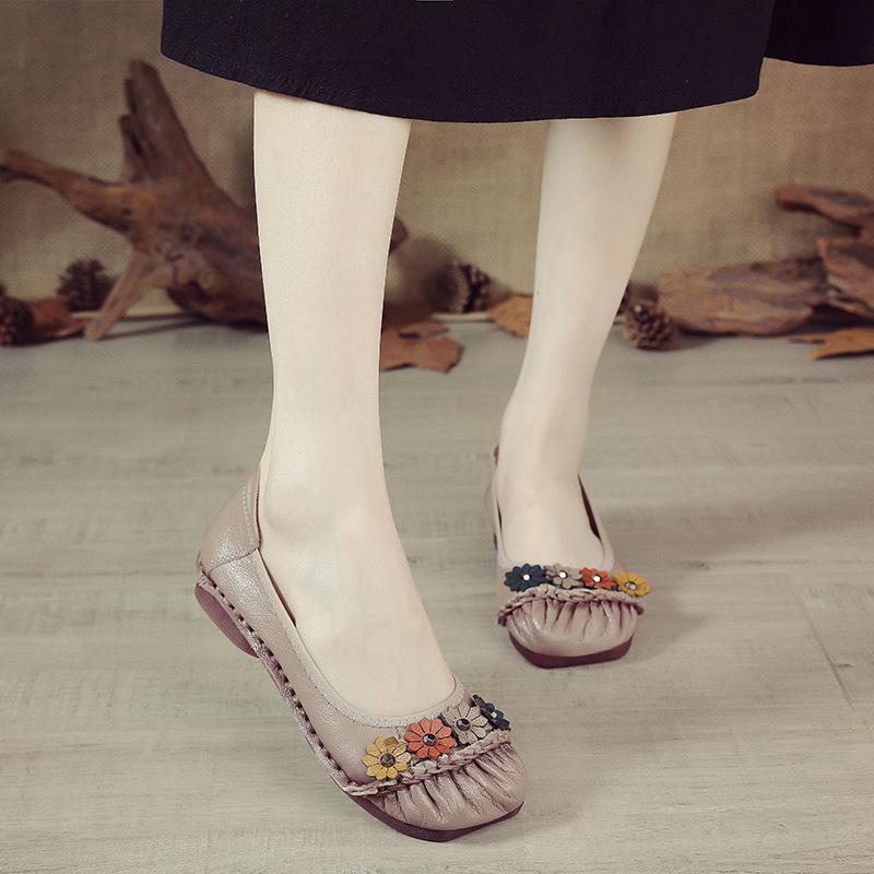 Fashion New handmade winkles ballet flats women's autumn shallow shoes woman flower square toe driving flats daily long standing shoes