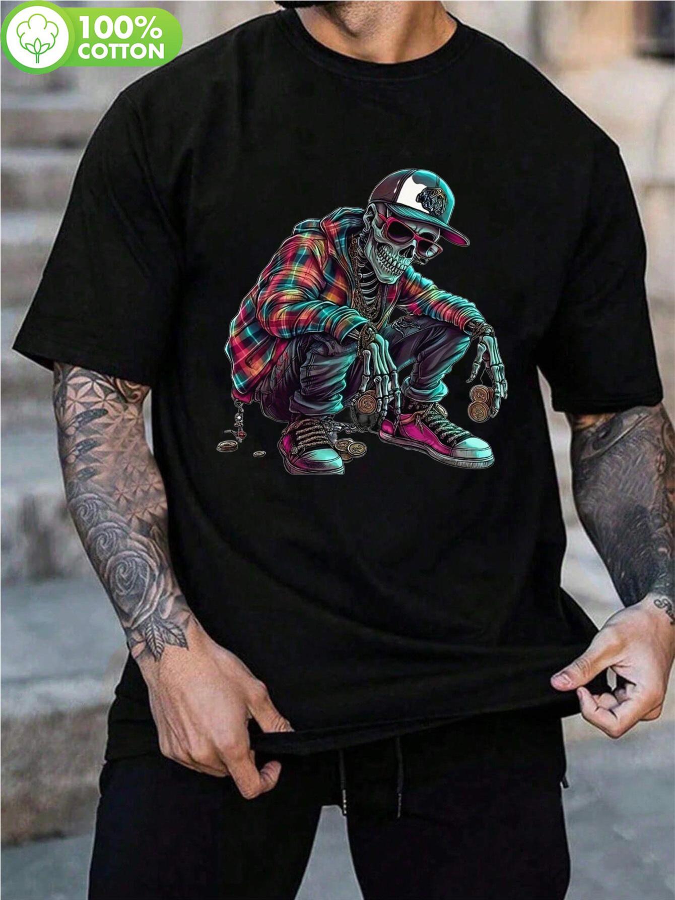 Black Cotton Graphic T-shirt - Skeleton & Plaid Design XL