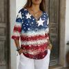 Women's Casual V-Neck Button Three-Quarter Sleeve Fourth of Print Pullover T-Shirt