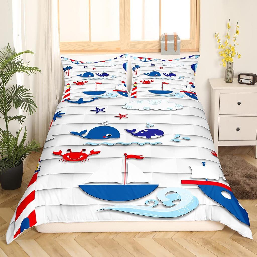 Ozeanblaues Wal Bettwäscheset U-Boot Tierdruck Bett Dreiteiliges Quiltset