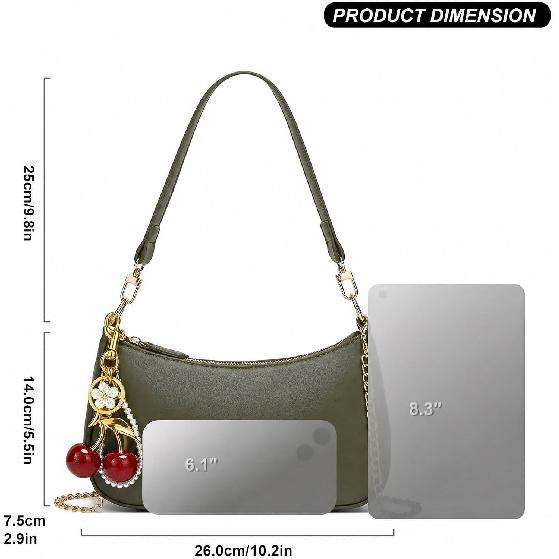 Schwarze Umhängetasche für Damen Niedliche Hobo Kirsch-Geldbörse Retro-Clutch Unterarm-Handtasche mit abnehmbaren Riemen