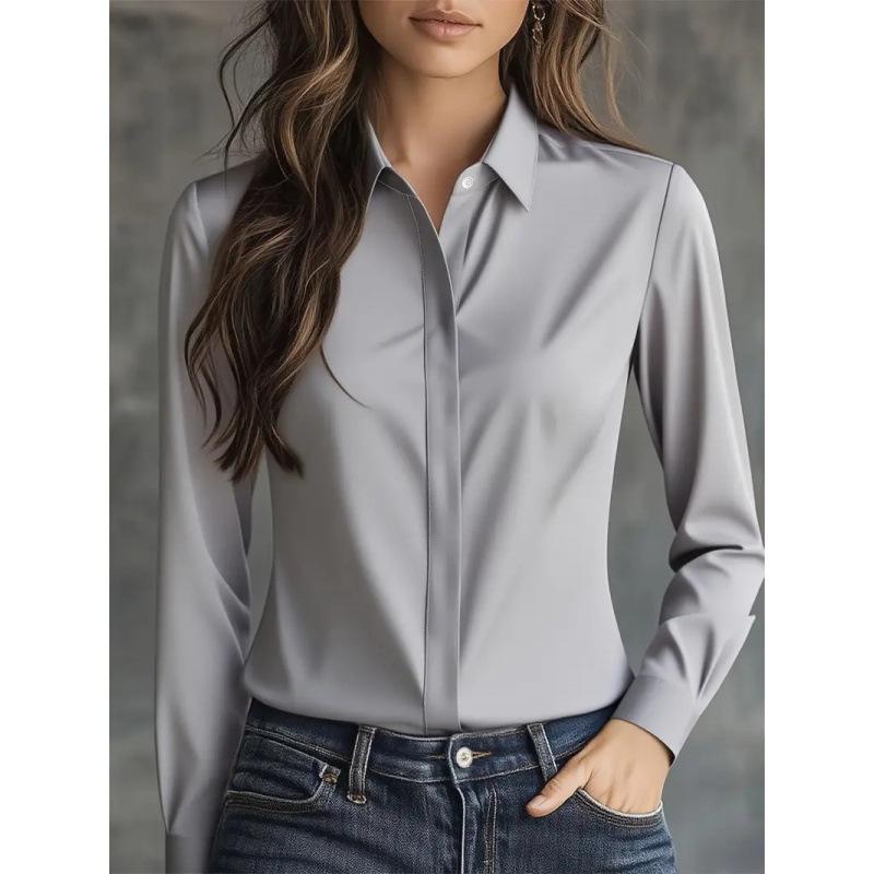 New Autumn Solid Color Long-sleeved Versatile Shirt Lapel Satin Shirt