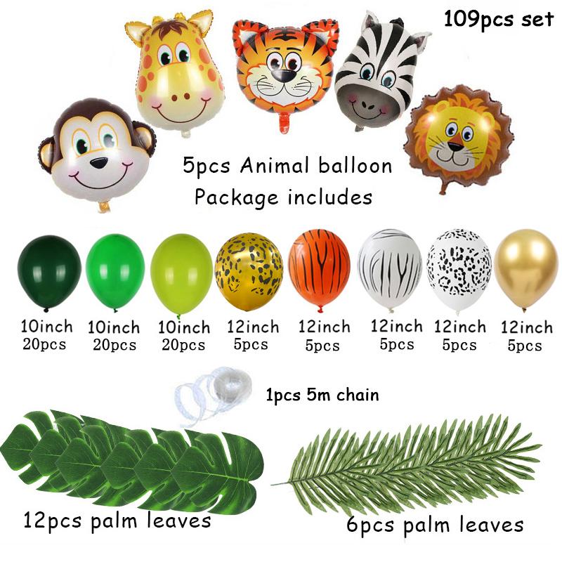 109pcs Palm Leaf Animal Balloons Garland Arch Kit Jungle Safari Party Supplies Favors Kids Birthday Party Baby Shower Boy Decor