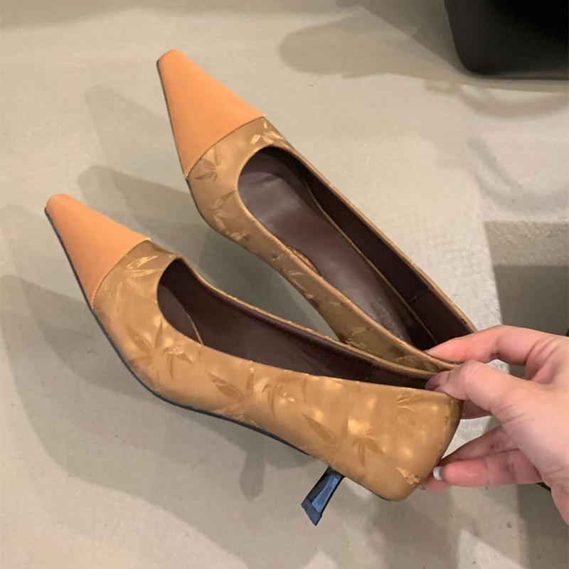 Fashion Luxury Satin Leather Splicing Women Pumps Sexy Square Toe Low Heel Muels Shoes for Women Elegant Printed Banquet Office Heels