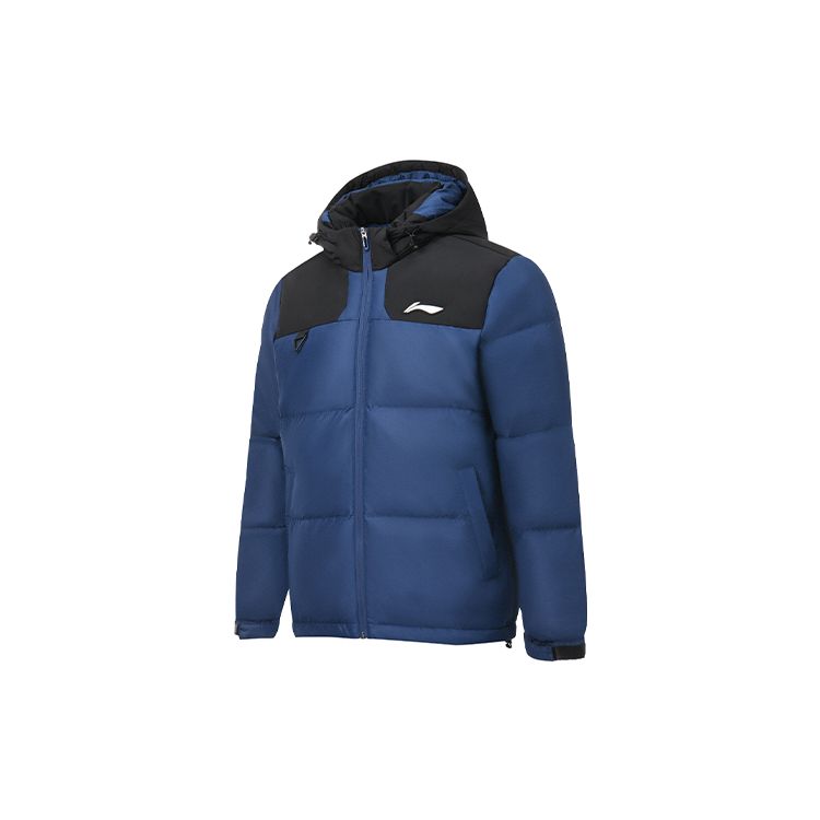 Li Ning Badminton Series Color Block Logo Print Windproof Thickened Down Jacket Men outerwear Navy-Blue AYMS213-2