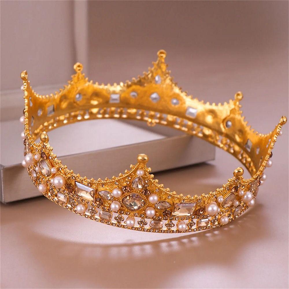Rhinestone Bridal Tiara Crown Round Shape Wedding Hair Jewelry Vintage Baroque Crown  Costume Party