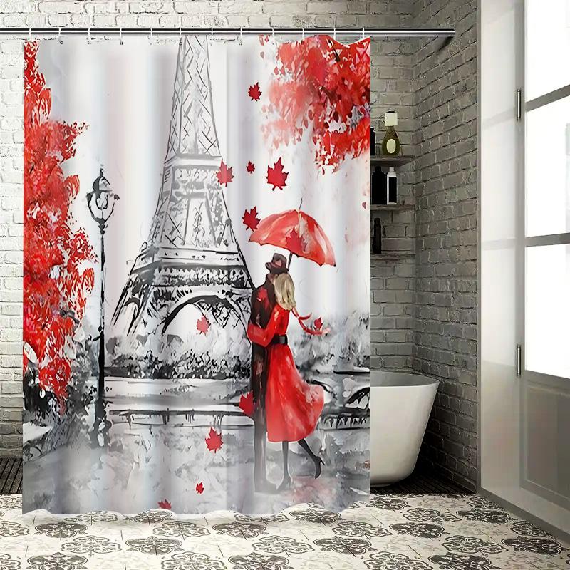 Paris Romantic Red Umbrella Couple Shower Curtain Elegant Artistic Waterproof Bath Curtain Fashionable Home Decor Easy-Clean
